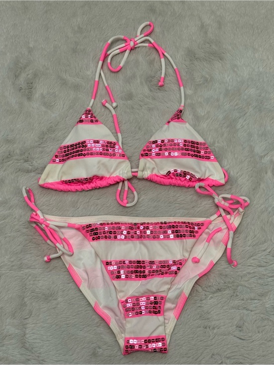 Victoria's Secret Other - Victoria's Secret Pink and White Sequin Stripe Triangle Bikini